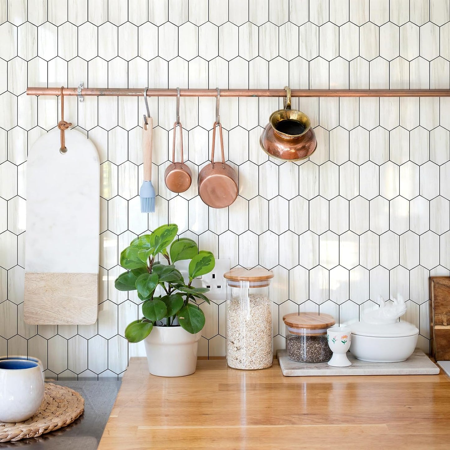 Vamos Tile Long Hexagon Peel and Stick Backsplash Tile - 10 Sheets Stick on Backsplash for Kitchen and Bathroom 12.4 x 12 Inch Glossy Wood Grain PVC Self Adhesive Mosaic Wall Tiles