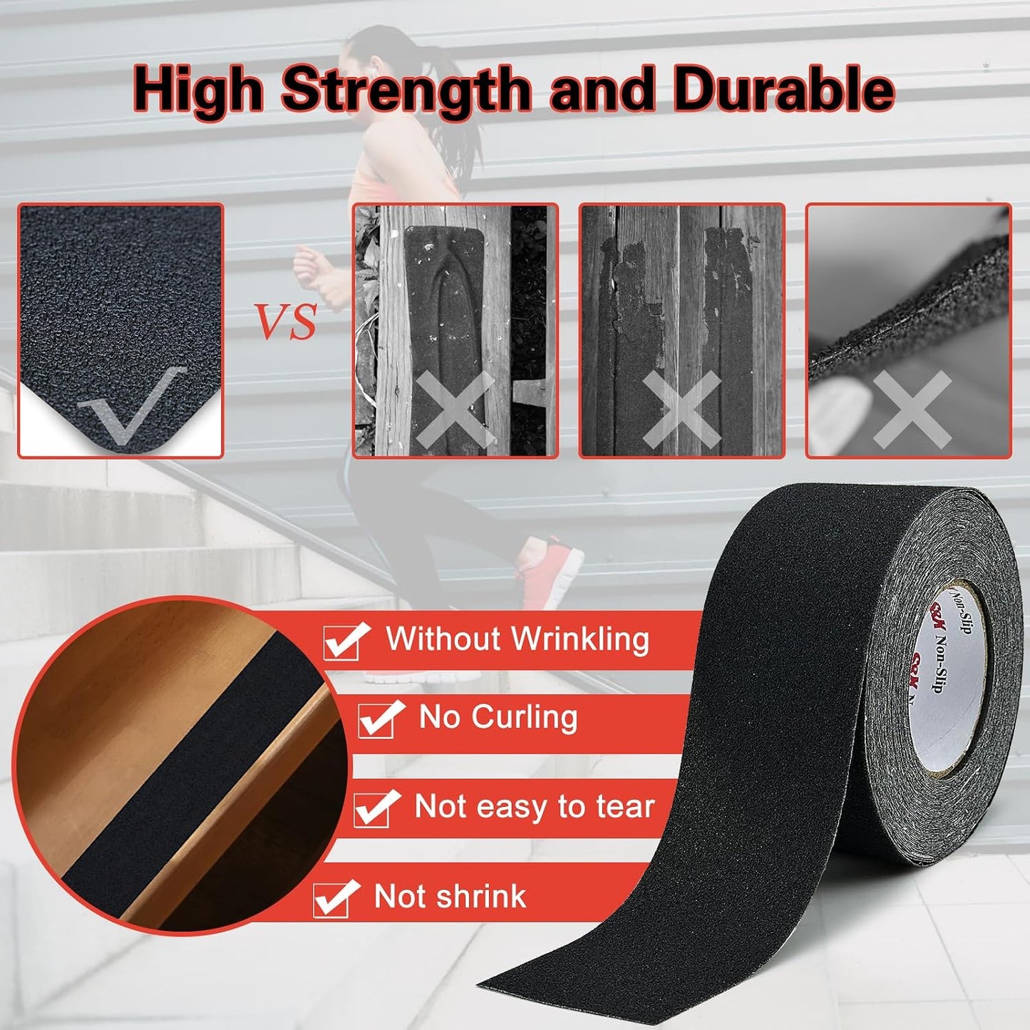 S&X Premium Outdoor Anti-Slip Tape - 4" x 60' Black Non-Slip Traction for Stairs, Ramps, Walkways, Boats, Weatherproof, High Traction, Long-Lasting Safety Solution