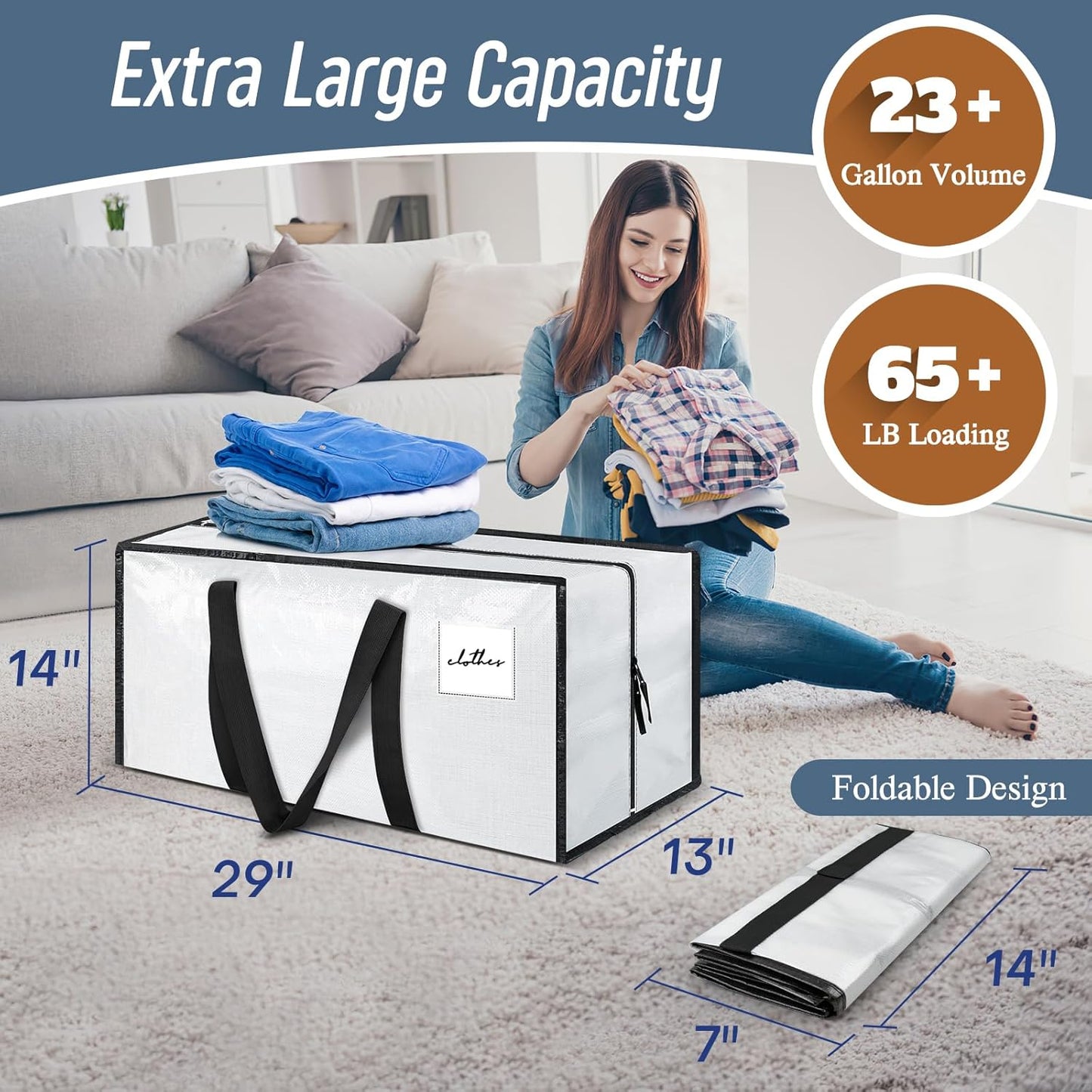 6 Pack Extra Heavy Duty Large Moving Bags with Strong Zipper & Comfortable Handles, Sturdy & Durable Clothes Storage Bags Totes Bins, Blue Packing Moving Boxes for College Supplies, Dark Blue