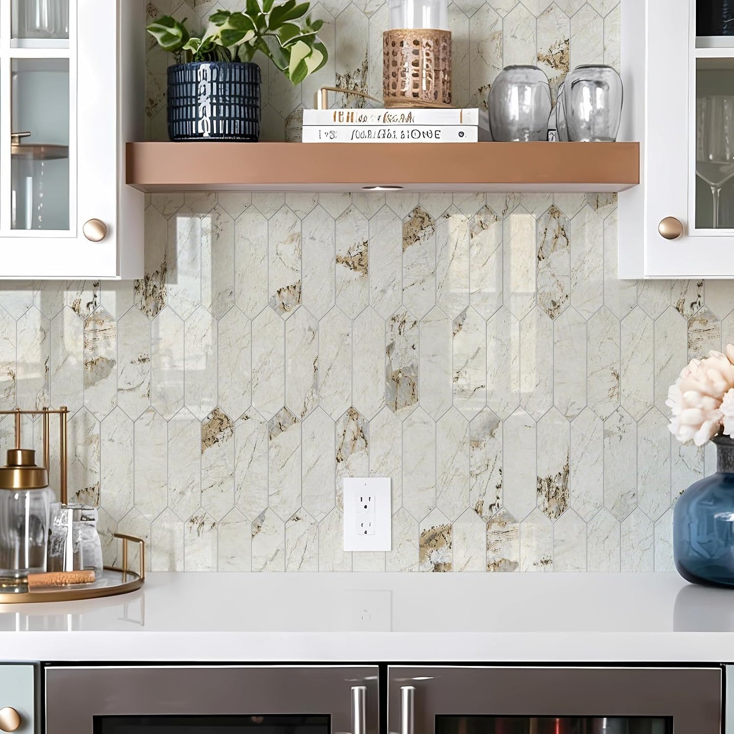 Vamos Tile Glossy Dolomite White Backsplash Tile Peel and Stick, 12.8 x 12.8 Inch 10 Sheets Long Hexagon PVC Self Adhesive Mosaic Wall Tiles Stick on Backsplash for Kitchen and Bathroom