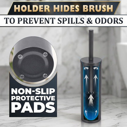 Black Toilet Brush and Holder Set - Slim Matte Design that Fits Anywhere - Stainless Steel Toilet Bowl Brush and Holder with 2 Rounded Corners, Replaceable Head, Removable Inner Bowl & Splash Guard