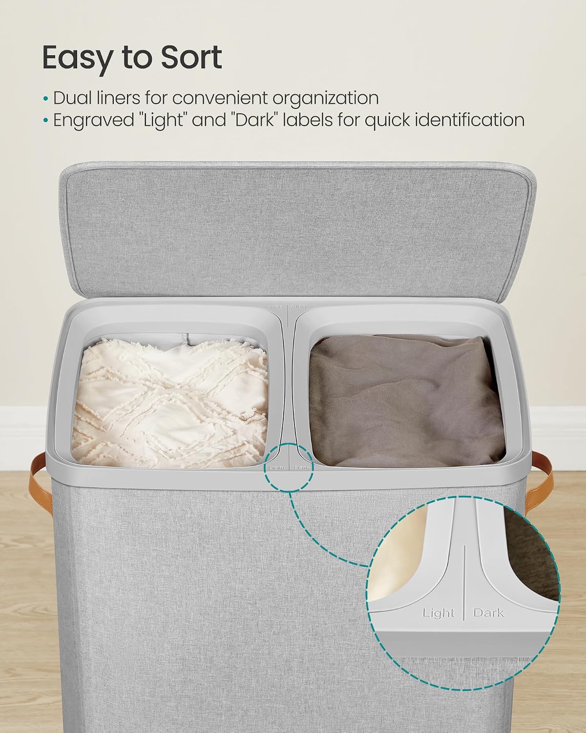 SONGMICS Laundry Basket, 50.2 Gal. Laundry Hamper, 3 Compartments, Easy Assembly, with Lid and Handles, Removable Liners, 25.2 x 15.7 x 29.5 Inches, Cappuccino Beige ULCB814LH01