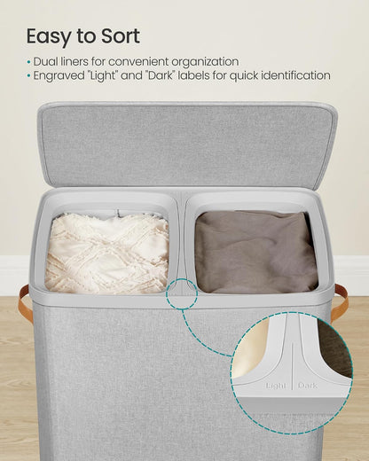 SONGMICS Laundry Basket, 50.2 Gal. Laundry Hamper, 3 Compartments, Easy Assembly, with Lid and Handles, Removable Liners, 25.2 x 15.7 x 29.5 Inches, Cappuccino Beige ULCB814LH01