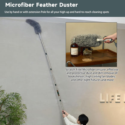 Window Squeegee Cleaner Tool with Extension Pole (81.5inch), 2-in-1 Squeegee for Window Cleaning Kit with Scrubber, Add Extra Pole Attachment Bendable Microfiber Feather Duster