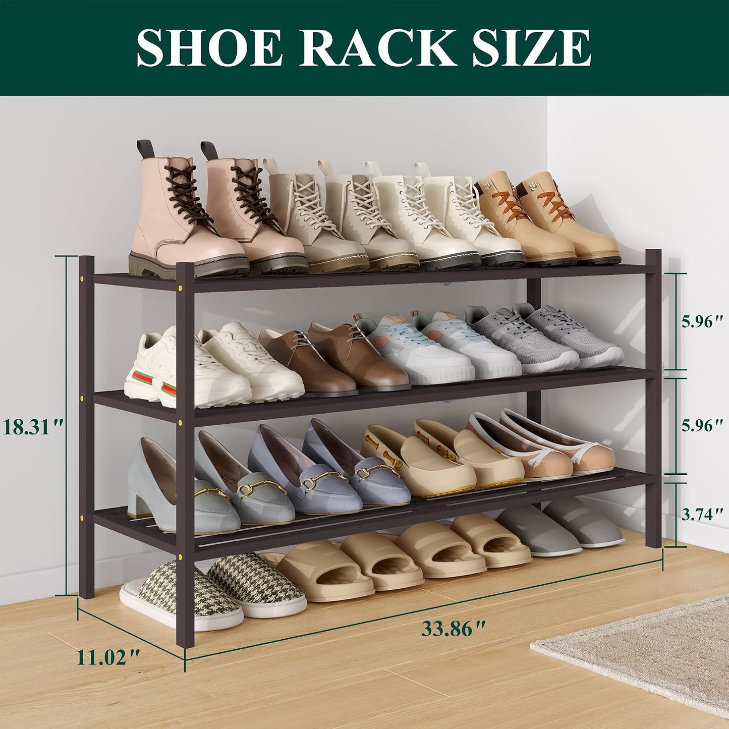 Smiry Bamboo Shoe Rack, 3 Tier Free Standing Wooden Shoe Organizer, Stackable Wood Shoe Storage Shelf for Closet, Entryway, 5 Horizontal Slats, 26.8"x11"x18.3", Natural