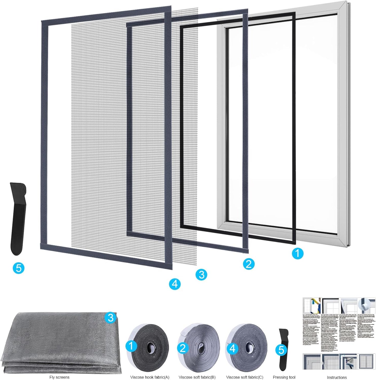 Homealexa DIY Window Screen Kit, Max 51"x 59" Adjustable Mosquito Mesh with Reinforced Edge, Thick Self-Adhesive Temporary Nylon Window Screens Replacement