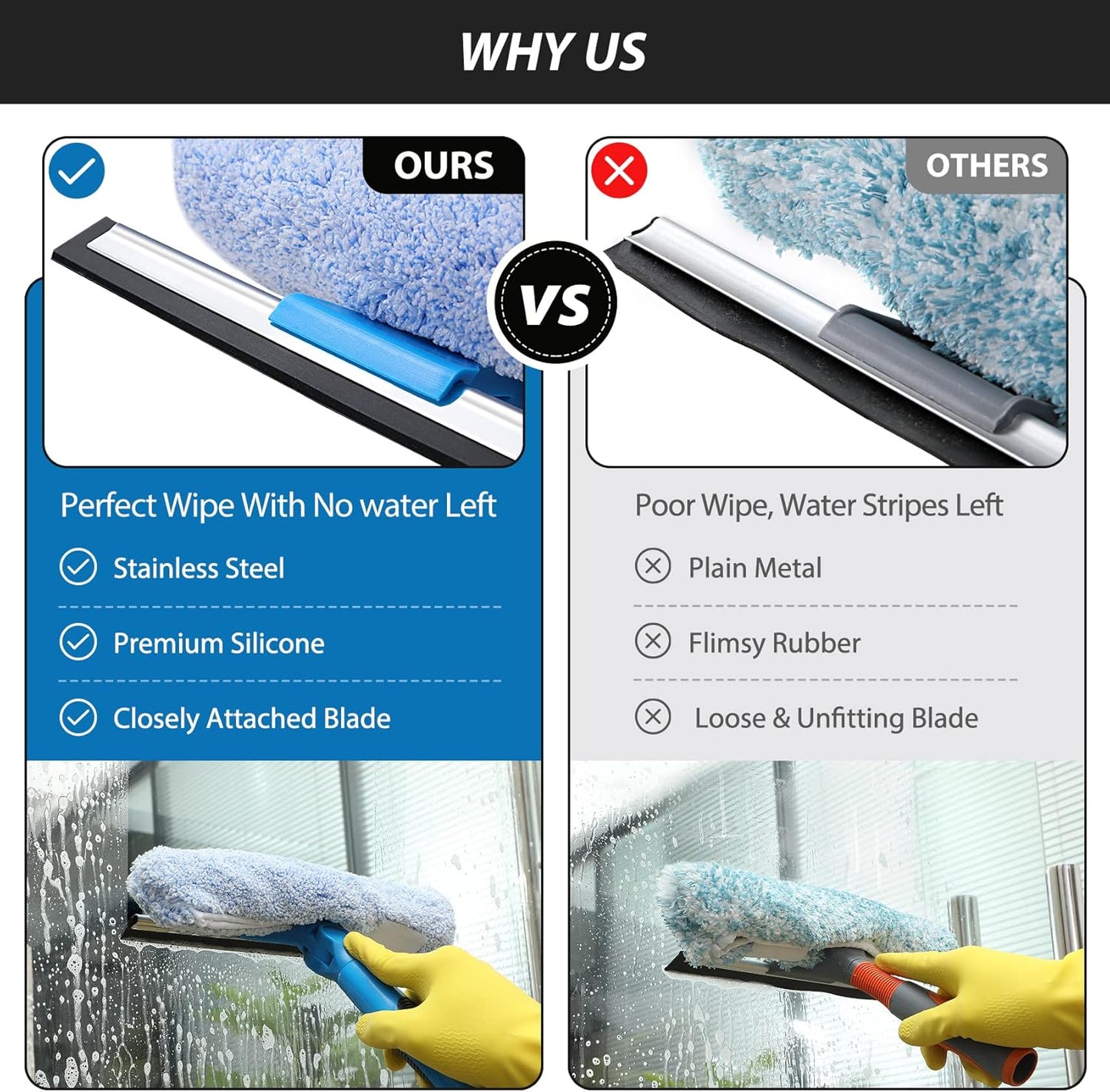 VITEVER Professional 69'' Window Squeegee Cleaner Tool with Extension Pole, 2-in-1 Squeegee for Window Cleaning Kit with Scrubber and Rotating Head, 1 Blade 2 Scrubber