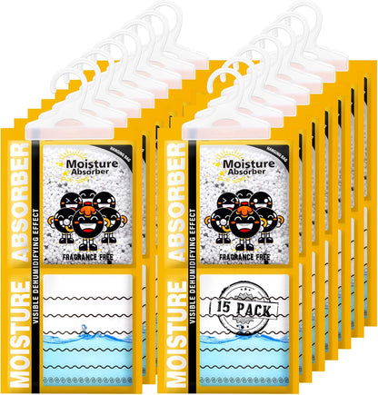 ZSZMFH 15 Pack Moisture Absorber & Max Odor Eliminator Hanging Bag, Charcoal Smell Remove Damp Musty Smell,Hanging Closet Dehumidifier Bags with 25g of Activated Charcoal (220g/pack) Yellow