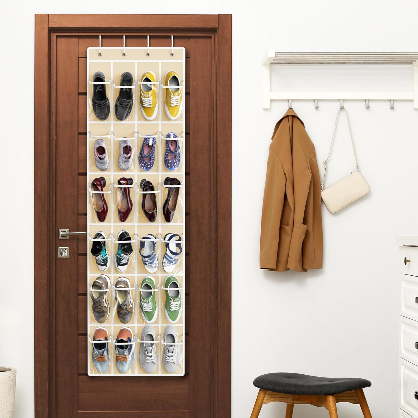 Simple Houseware 24 Pockets - Crystal Clear Over The Door Hanging Shoe Organizer, Gray (64'' x 19'')