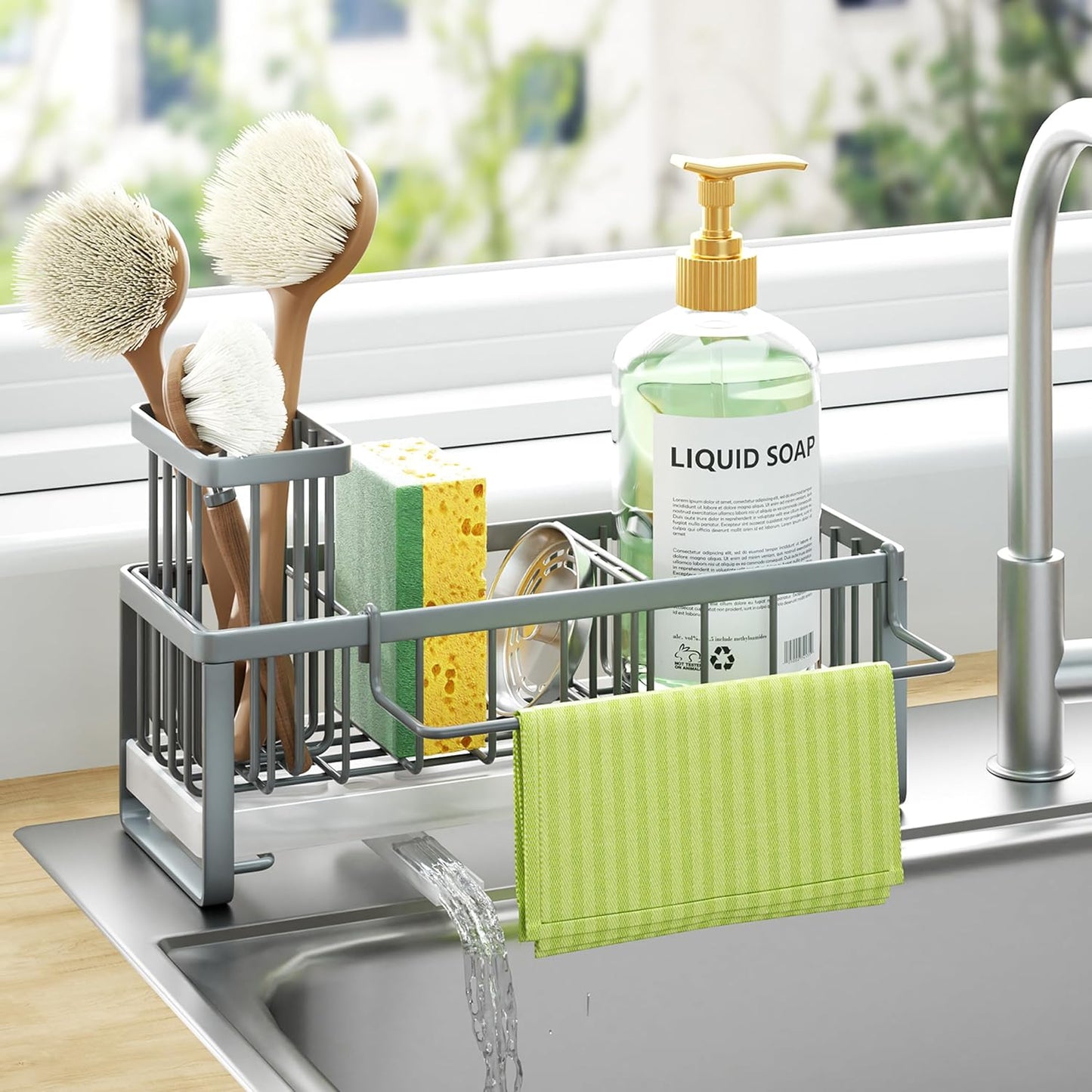 HapiRm Sponge Holder for Kitchen Sink - Self-draining Sink Caddy with Brush and Dishcloth Holders, Stainless Steel Kitchen Countertop Organizers and Storage Essentials - Black
