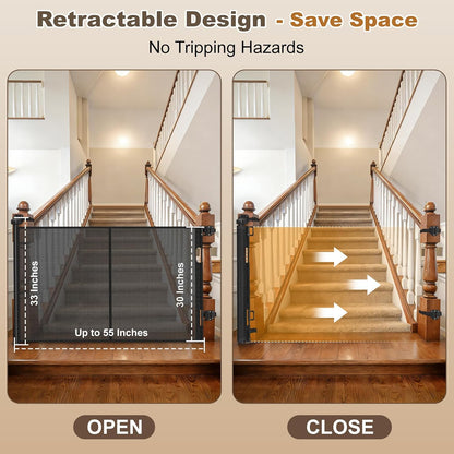 Upgraded Retractable Baby Gates for Stairs & Banister, Mesh Dog Gate Indoor, Extends to 55" Wide 33" Tall, Child Safety Gate for Stairway, Banister & Wall Mount (White)