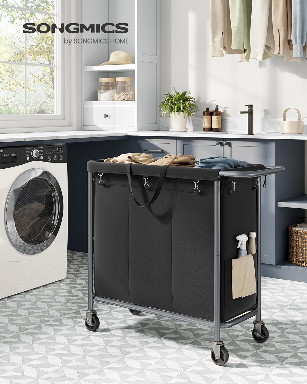 SONGMICS Laundry Basket with Wheels, 3-Section Rolling Laundry Hamper, 52.8 Gallons (200 L), Removable Liner, Steel Frame with Handle, 35.8 x 15.4 x 31.9 Inches, Cream White URLS005W01