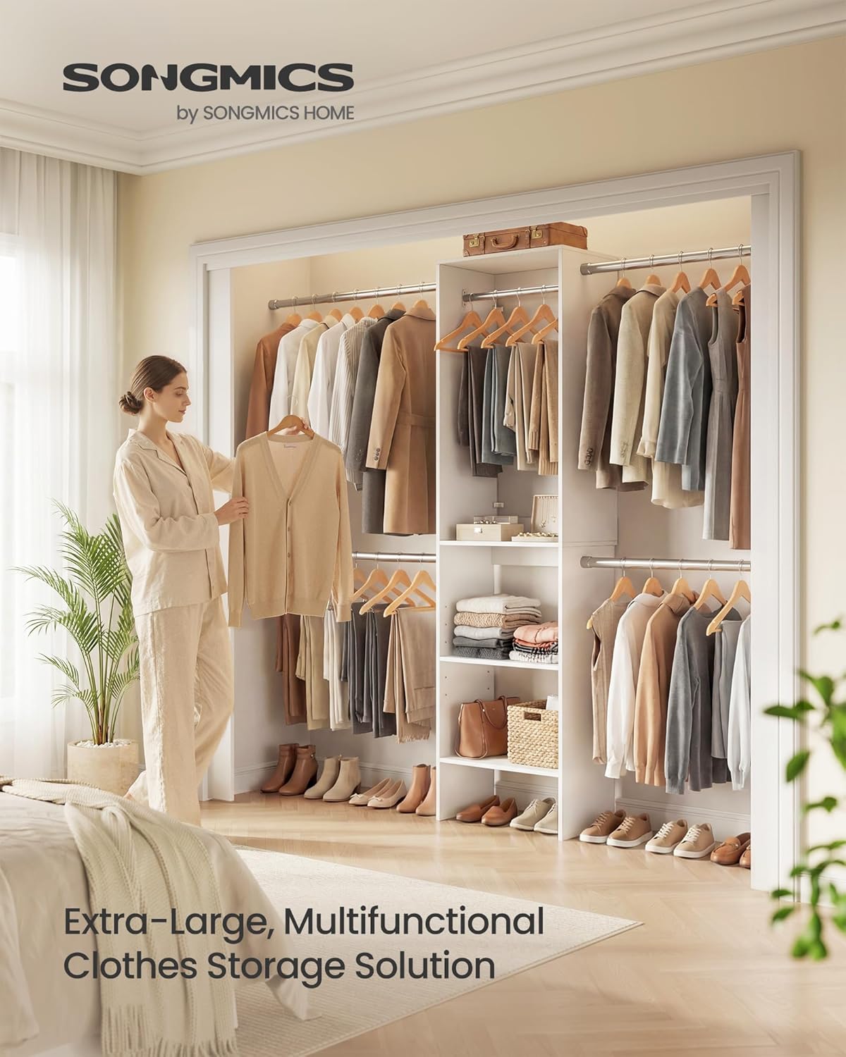 SONGMICS Closet System, Customizable Walk-In Closet Organizer System with Adjustable Hanging Rods and Storage Shelves, White, Fits Spaces 4-9.6 ft URGR040WZ01S