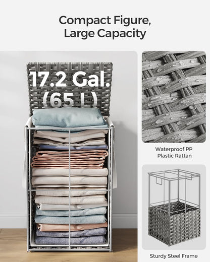 SONGMICS Laundry Hamper with Lid, 23.8 Gallon (90 L) Synthetic Rattan Clothes Laundry Basket with Lid and Handles, Foldable, Removable Liner, Chestnut Brown ULCB051K02