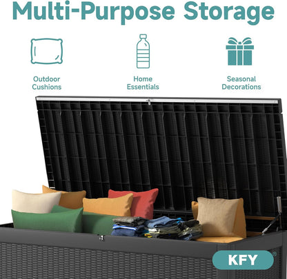 320 Gallon Waterproof Outdoor Storage Box, UV Resistant Resin Deck Box with Hydraulic Rod for Reinforced Stability, Perfect for Patio, Garden, and Pool（Black，320 Gallon）