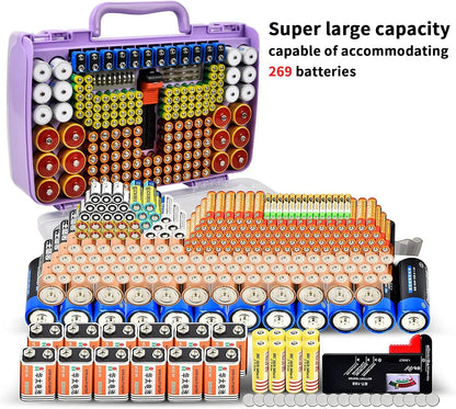 Battery Organizer Storage Case with Tester for 269 Batteries, Double Sides | Plastic, For AA AAA 4A C D Cell 9V 3V LR44 CR2 CR123 CR1632 18650 Button, Wall/Drawer, For Families/DIY/Home/Garage, Grey
