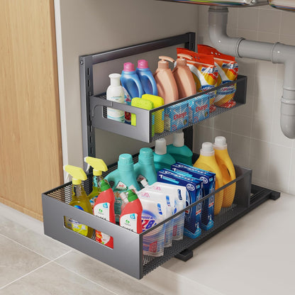 Petiza Under Sink Organizer Pull Out Cabinet Organizer Adjustable Height 2 Tier with Sliding Drawers Kitchen Bathroom Organizer and Storage(1pc)
