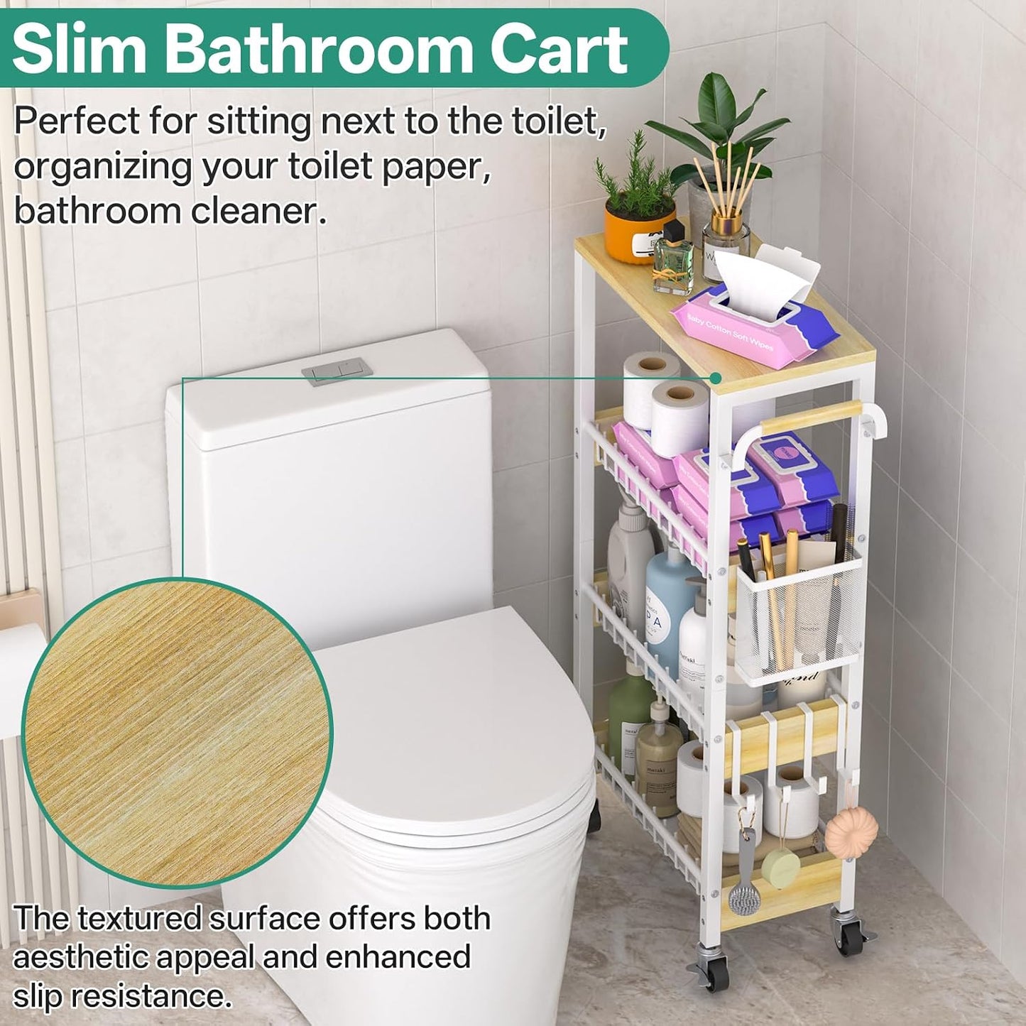 DTUQYX Slim Rolling Storage Cart, 4 Tier Small Organizer Cart with Wheels, Metal Utility Shelf Kitchen Bathroom Laundry Room Organization Trolley with Handle for Narrow Space (9.1" W Metal Basket)