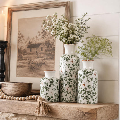 Ceramic Vase Set of 3 – Small Flower Vases, Modern Farmhouse Boho Flower Vases for Home Decor, Rustic Pottery Vases for Centerpieces, Living Room, Shelf, Fireplace, Entryway Decor, Table or Cabinet