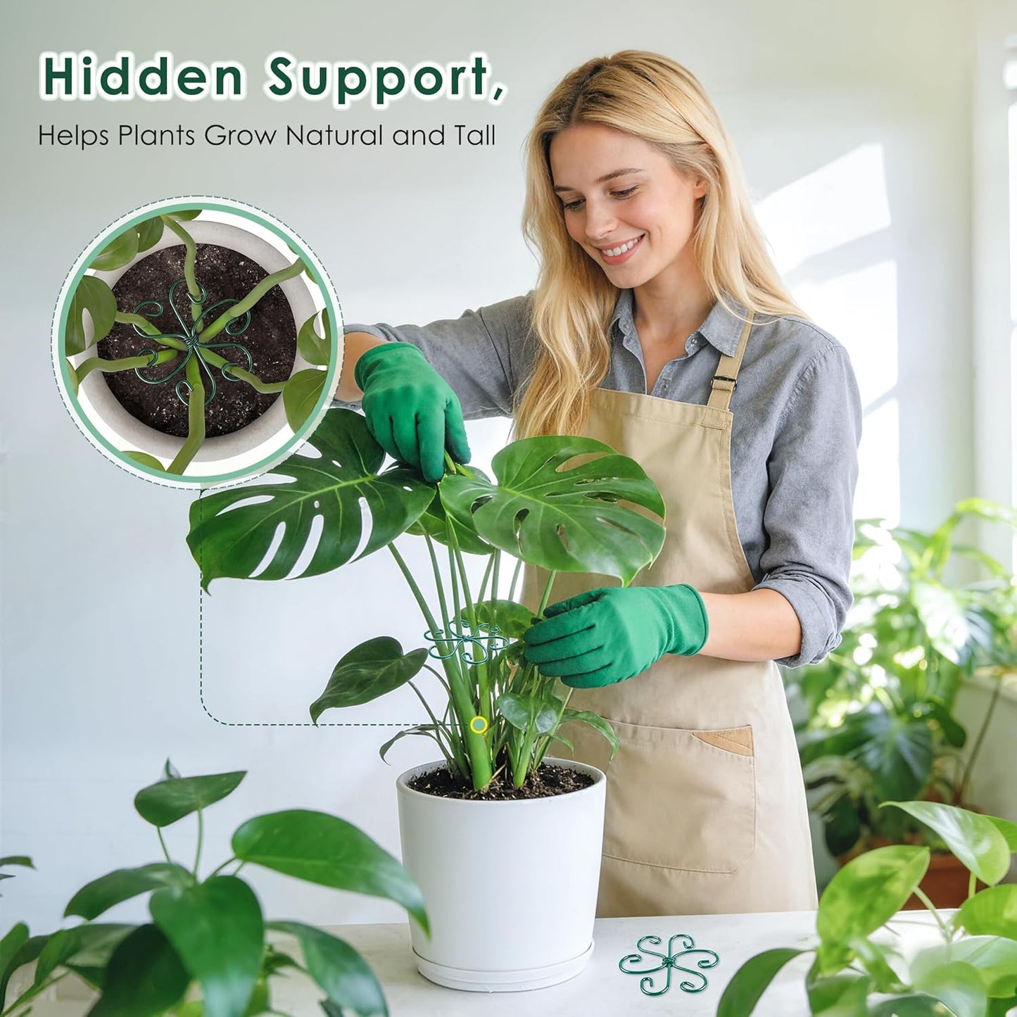 RELBRO Monstera Plant Supports, 4.3 Inch Metal Stem Support Holders Plant Stabilizer for Indoor Outdoor Potted Plants Growing Upright, Green, 4 Pcs