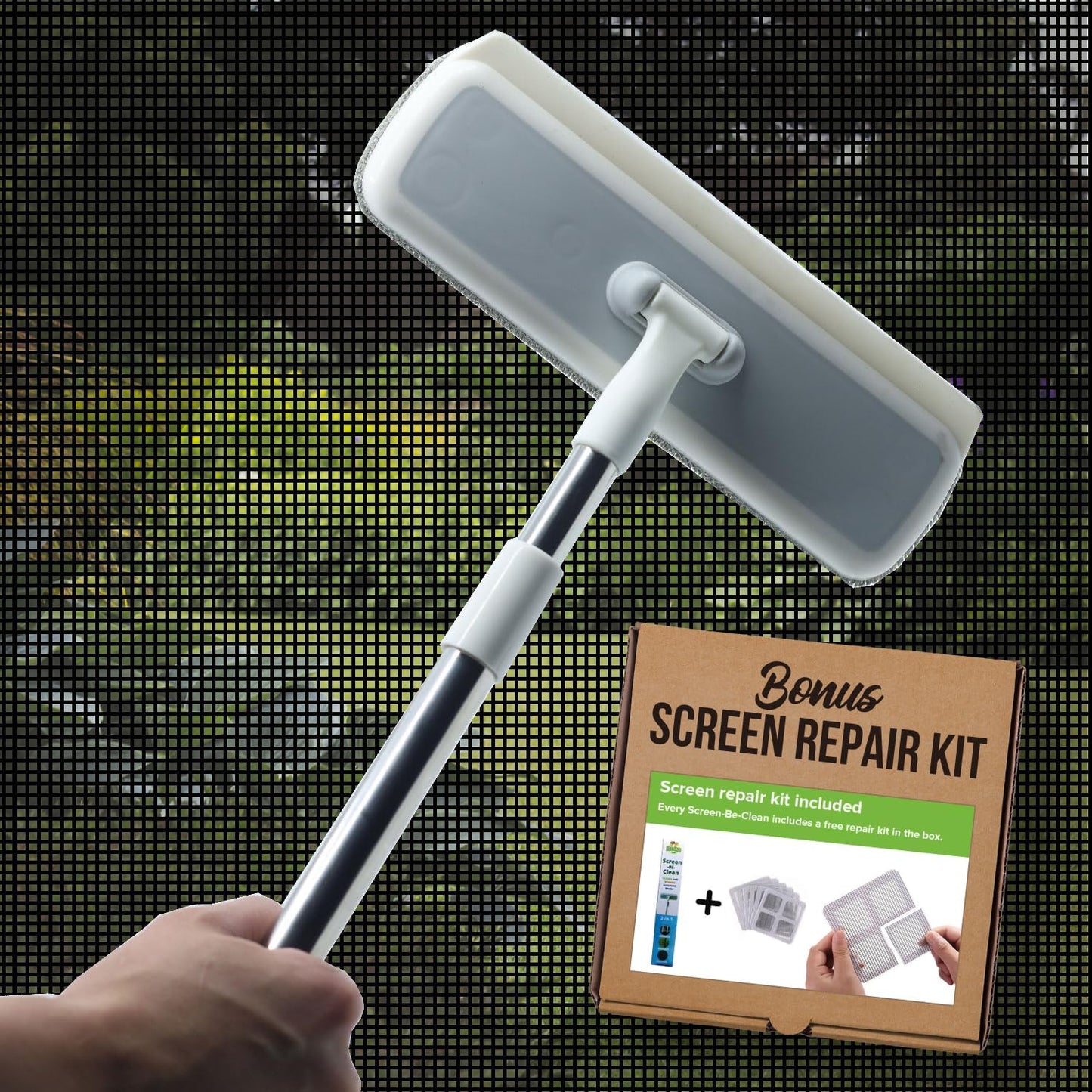 Eco-Gals Screen-Be-Clean All Purpose Screen Cleaner Brush, Duster, Window Squeegee Tool Kit for Wet and Dry Use on Glass Windows, Mesh Screens, and Pet Hair Remover. Plus Bonus Screen Repair Kit