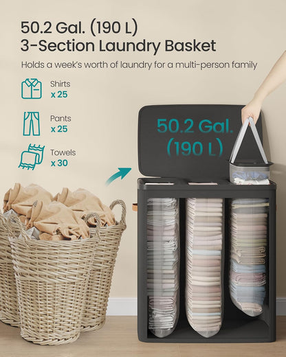 SONGMICS Laundry Basket, 50.2 Gal. Laundry Hamper, 3 Compartments, Easy Assembly, with Lid and Handles, Removable Liners, 25.2 x 15.7 x 29.5 Inches, Cappuccino Beige ULCB814LH01
