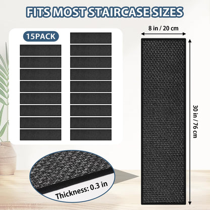 Peel and Stick Carpet Stair Treads for Wooden Steps Set of 15, Non Slip Adhesive Jute Stair Mats Indoor, Rubber Backing Safety Step Pads Mats, Grey, 8"x30"