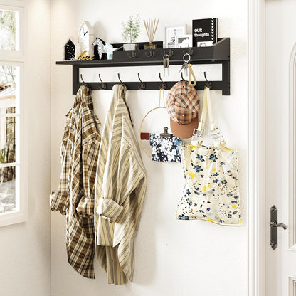 AMBIRD Wall Hooks with Shelf, 26.57 Inch Entryway Wood Coat Hooks for Wall with Shelf, Coat Rack Wall Mount with 5 Dual Hooks 3 Key Hooks Mail Organizer and Key Rack Holder (Brown)