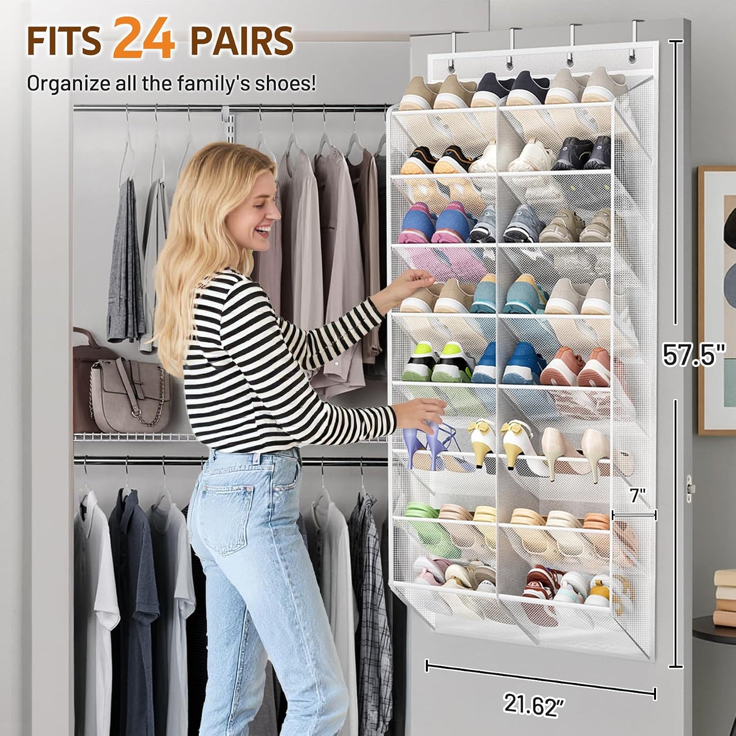 MISSLO 30 Pairs Over the Door Shoe Organizer Breathable Mesh Hanging Shoe Rack for Closet Storage with Wide Deep Pockets 10 Tier Shoes Holder Fit All the Family's Sneakers, Boots, Heels (White, 71")