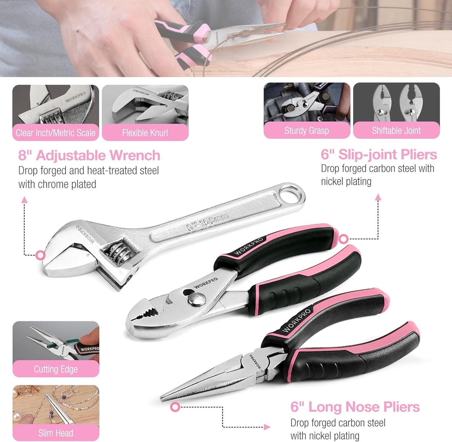 WORKPRO Pink Tool Set, 258 PCS Tool Kit for Women, Basic Household Case with Hammer, Screwdriver Set, Portable for Home Repair, New Apartment, House-Warming, DIY - Pink Ribbon