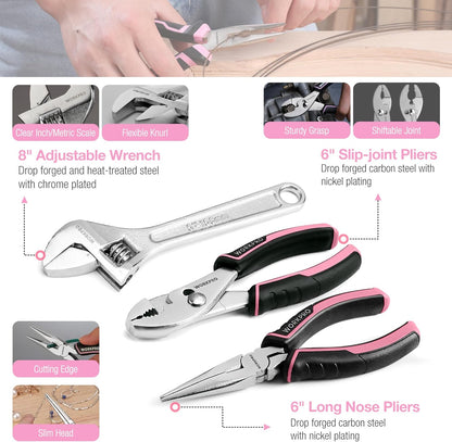 WORKPRO Pink Tool Set, 258 PCS Tool Kit for Women, Basic Household Case with Hammer, Screwdriver Set, Portable for Home Repair, New Apartment, House-Warming, DIY - Pink Ribbon