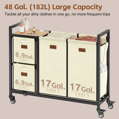 Hoctieon 4 Section Laundry Cart, 48 Gal. (182L) Laundry Hamper with Lid, Laundry Basket with Wheels, Rolling Laundry Sorter Organizer with Shelf, Clothes Separator with Removable Bags, Black