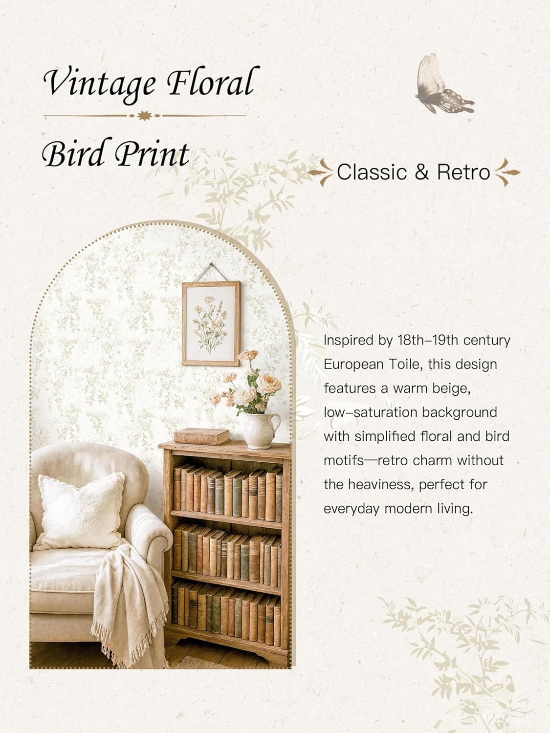 Dimoon 17.3''x78.7'' Vintage Peel and Stick Wallpaper Boho Beige Neutral Contact Paper White Floral Bird Wallpaper Removable Botanical Renter Friendly Modern Wall Paper Bedroom Bathroom Vinyl Roll