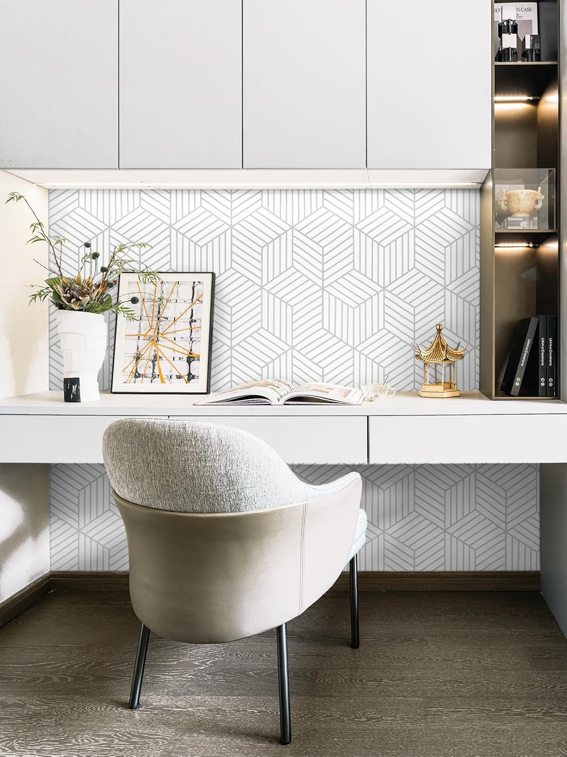CiCiwind Wallpaper Peel and Stick Modern White and Gold Contact Paper Peel and Stick Geometric Removable Self Adhesive Wall Paper for Bedroom Renter Friendly Papel Tapiz para Pared 15.7"x118"