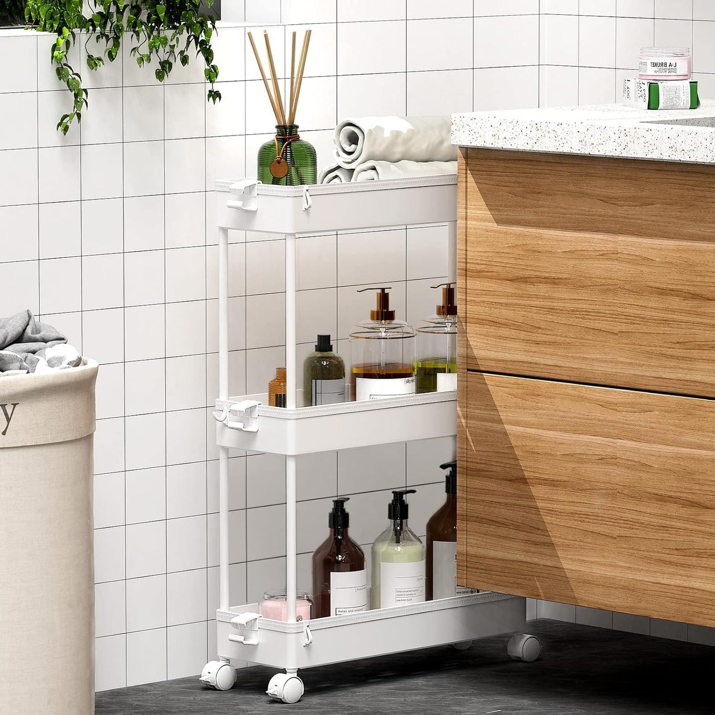 SPACEKEEPER Rolling Storage Cart 3 Tier, Bathroom Cart Organizer Laundry Room Organizer Utility Cart Mobile Shelving Unit Multi-Functional Shelves for Office, Kitchen, Bathroom, White