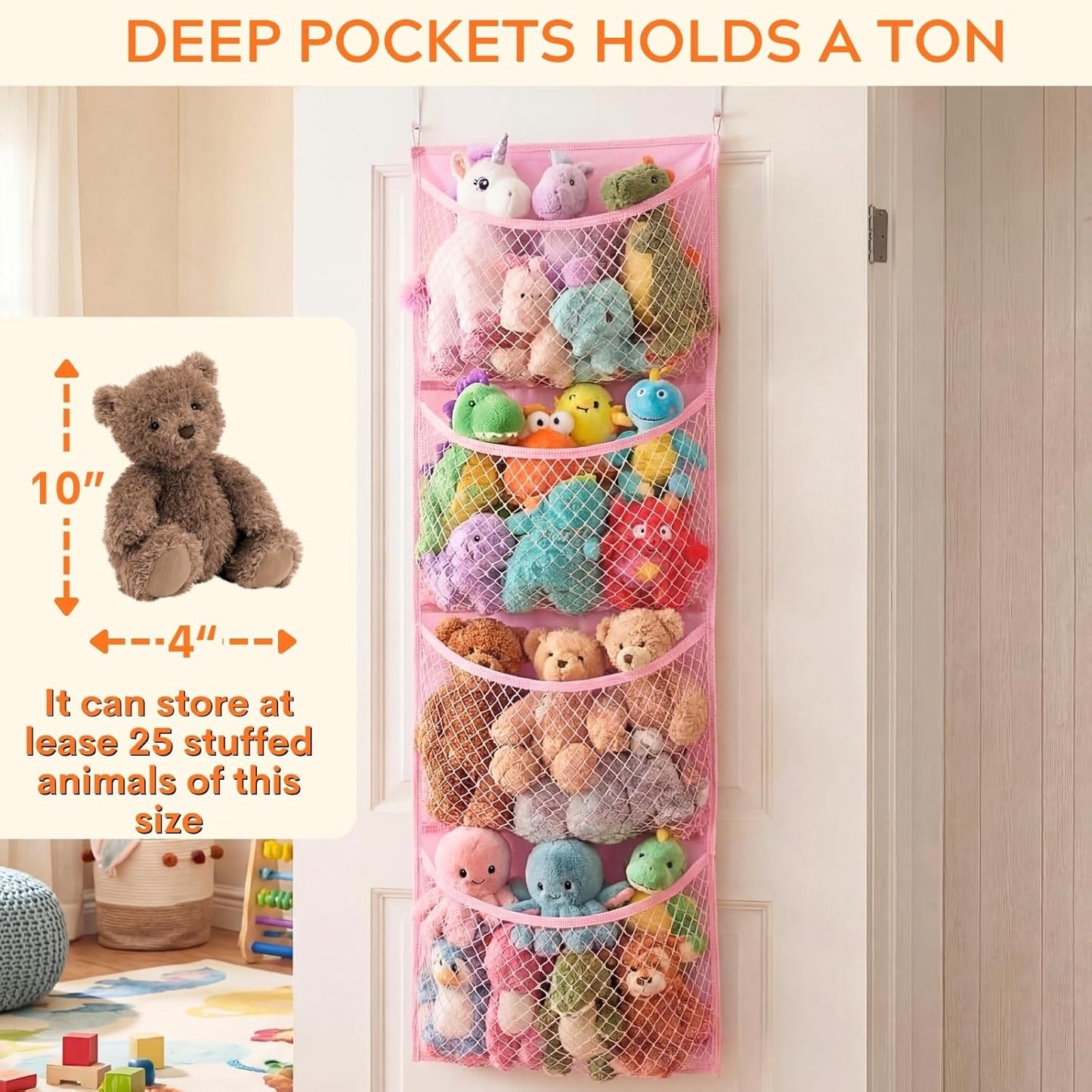 Ofiray-home Cotton Over The Door Stuffed Animal Storage | Toy Organizer for Storage Plush Toys, Stuffed Animal Holder with 4 Large Pockets, Hanging Door Organizer for Nursery