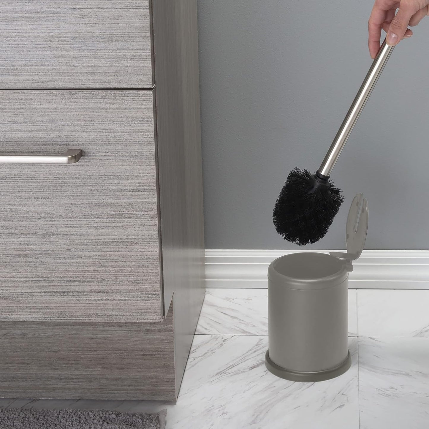 Bath Bliss Toilet Brush and Holder | Self Closing Lid | 360 Degree Brush Head | Bathroom Cleaning | Compact Size | Storage and Organization | Stainless Steel