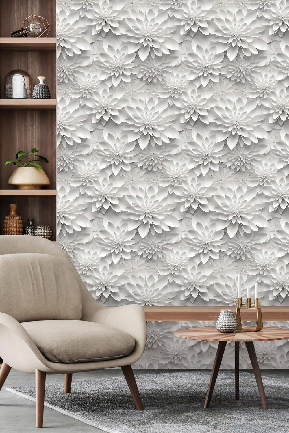 Floral Peel and Stick Wallpaper 3D Effect Interior Wall Décor Contact Paper Self Adhesive Removable Renter Friendly for Bedroom Living Cabinet Room 17.7in x 9.8ft (Not Textured Wallpaper
