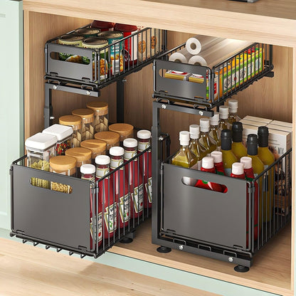 Under Sink Organizer, 2-Tier Multi-Use Kitchen and Bathroom Organizers and Storage, Slide Out Thickened Metal Under The Sink Organizer for Kitchen Bathroom Pantry (Style A White, 1 Pack)