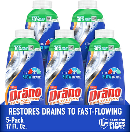 Drano EarlyAction Foamer, Drain Clog Remover & Cleaner, Unclogs Hair, Grease, Soap & Slow Drains, Removes Sources of Odor, Safe for Septic, Pipes, Garbage Disposals, Showers & Sinks, 17 Fl Oz