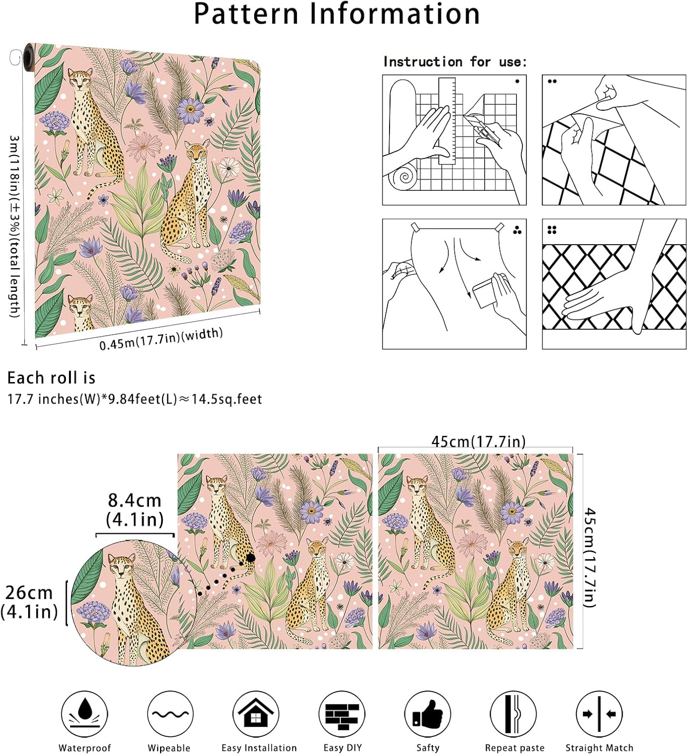 Floralplus Peel and Stick Wallpaper Leopard Jungle Removable Wallpaper for Bathroom Renter Friendly Wallpapers Self Adhesive Animal Floral Contact Paper for Accent Wall 17.5 x 118 in