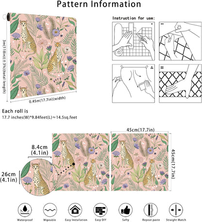 Floralplus Peel and Stick Wallpaper Leopard Jungle Removable Wallpaper for Bathroom Renter Friendly Wallpapers Self Adhesive Animal Floral Contact Paper for Accent Wall 17.5 x 118 in