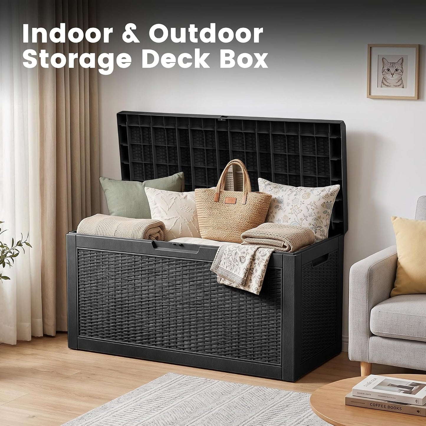 100 Gallon Storage Box, Waterproof Resin Deck Box with Hydraulic Piston Design, Lockable Storage Bench for Package Delivery, Storage Bin for Patio Cushions, Garden Tools, Black