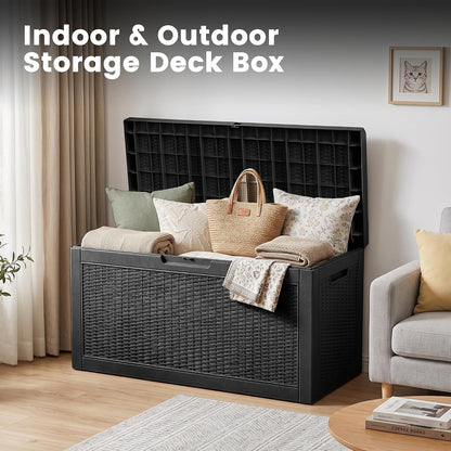 100 Gallon Storage Box, Waterproof Resin Deck Box with Hydraulic Piston Design, Lockable Storage Bench for Package Delivery, Storage Bin for Patio Cushions, Garden Tools, Black