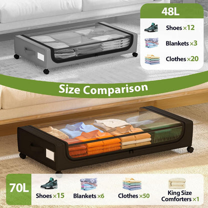 GoMaihe Under Bed Storage with Wheels: 48L Underbed Storage Containers with Lids - Rolling Bins for Shoes Clothes in Dorm Bedroom - Metal Drawers Easy Pull-out Grey 2-Pack
