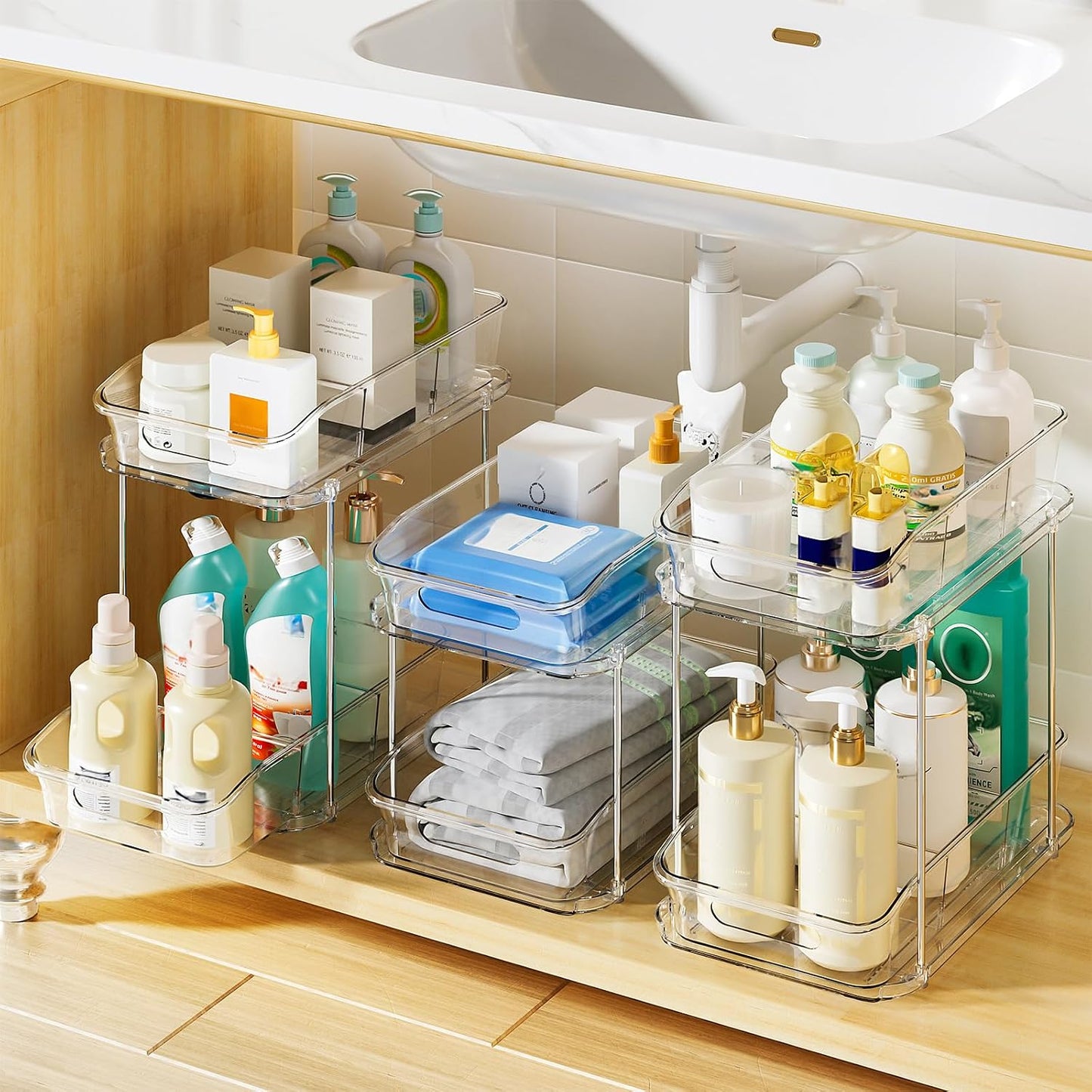 Delamu 2-Tier Under Sink Organizers and Storage, Multi-Purpose Stackable Bathroom Cabinet organizers, Pull Out Kitchen Pantry Organization and Storage with Dividers(2 Pack, Clear)