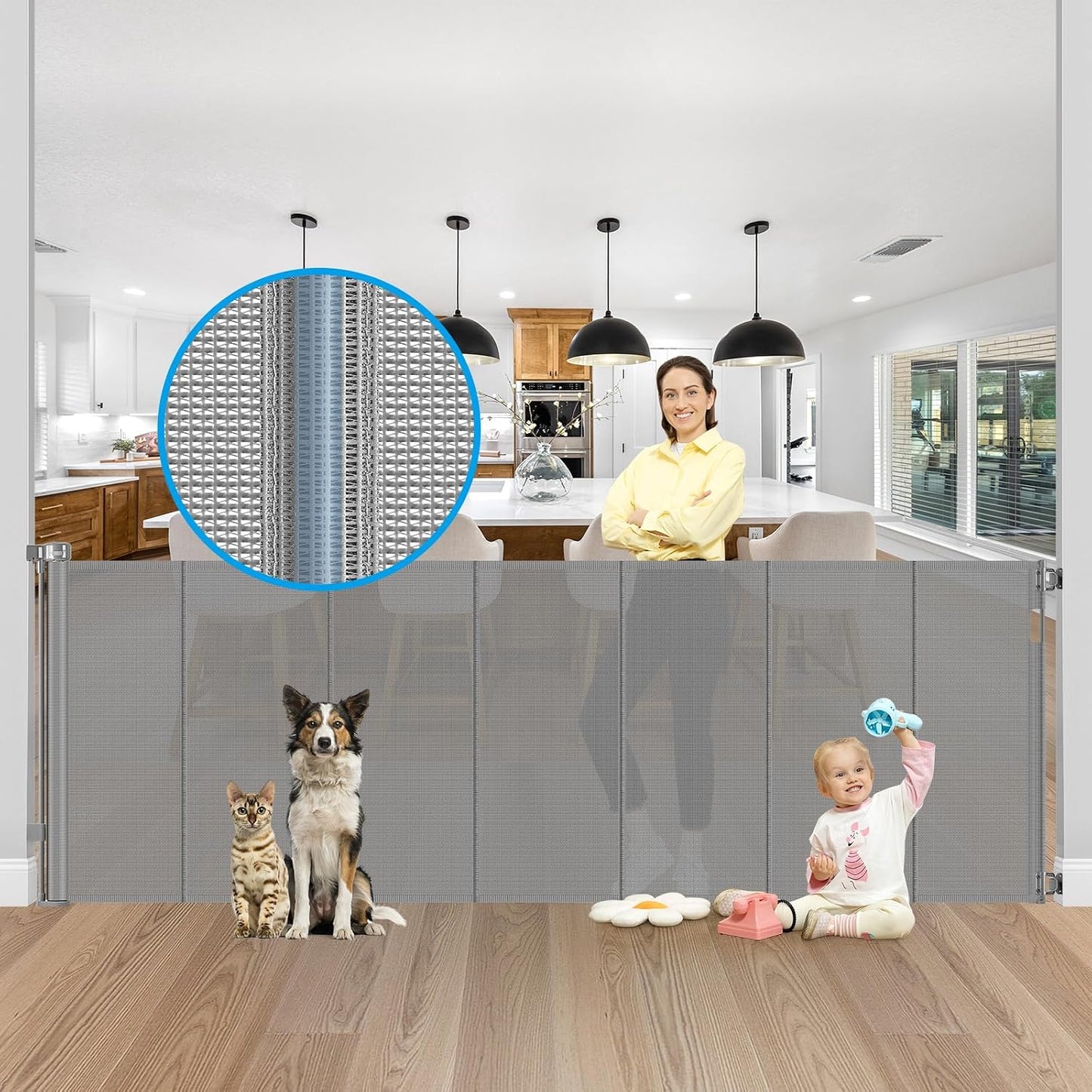 42 Inch Extra Tall Retractable Baby Gates with Reinforced Strips 55 Inch Wide Outdoor Retractable Dog Gate No Sag Extra Tall Baby Gate for Doorway Anti-Scratch Mesh Gates for Kids or Pets, White