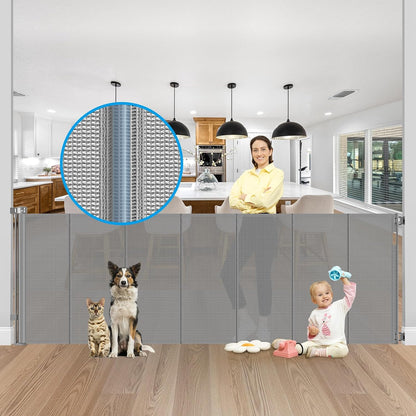 42 Inch Extra Tall Retractable Baby Gates with Reinforced Strips 55 Inch Wide Outdoor Retractable Dog Gate No Sag Extra Tall Baby Gate for Doorway Anti-Scratch Mesh Gates for Kids or Pets, White