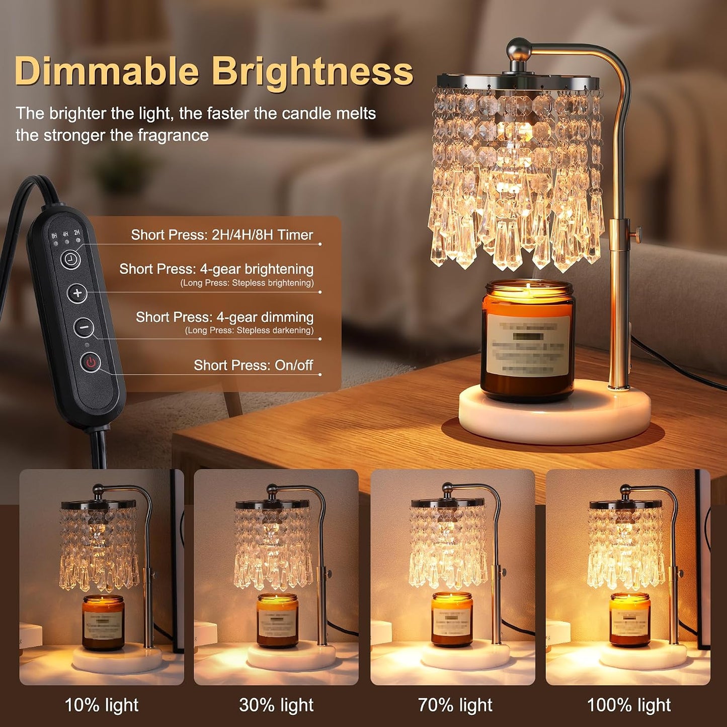 Candle Warmer Lamp with Timer Dimmer, Crystal Candle Lamp Birthday Gifts for Women, Mom, House Warming Gifts Wax Melt Warmer for Jar Candles with 2 Bulbs, Gold