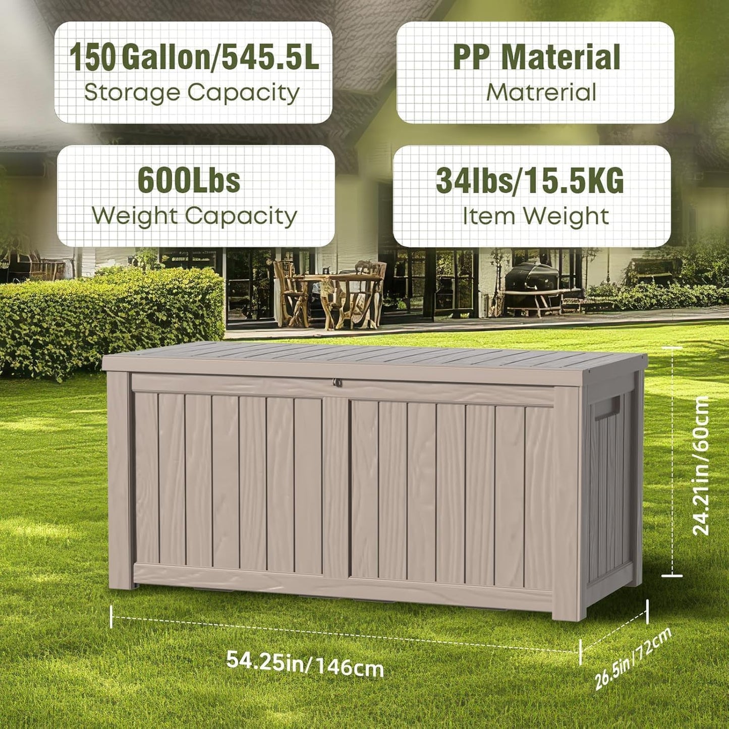 150 Gallon Waterproof Outdoor Storage Box,Resin Deck Box,Lockable Outside Storage Box Container for Patio Furniure,Garden,Tools (150 Gallon,Black)